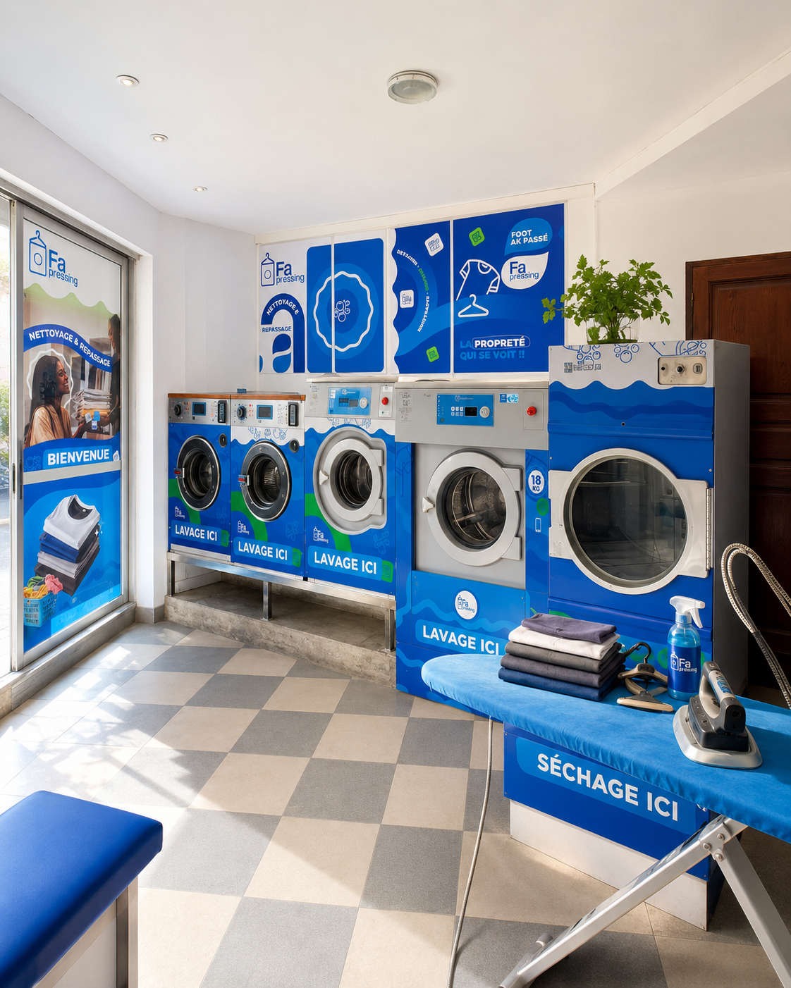 Intérieur du salon FA Pressing à HLM Grand Yoff : machines de lavage et séchage aux couleurs bleues de la marque
